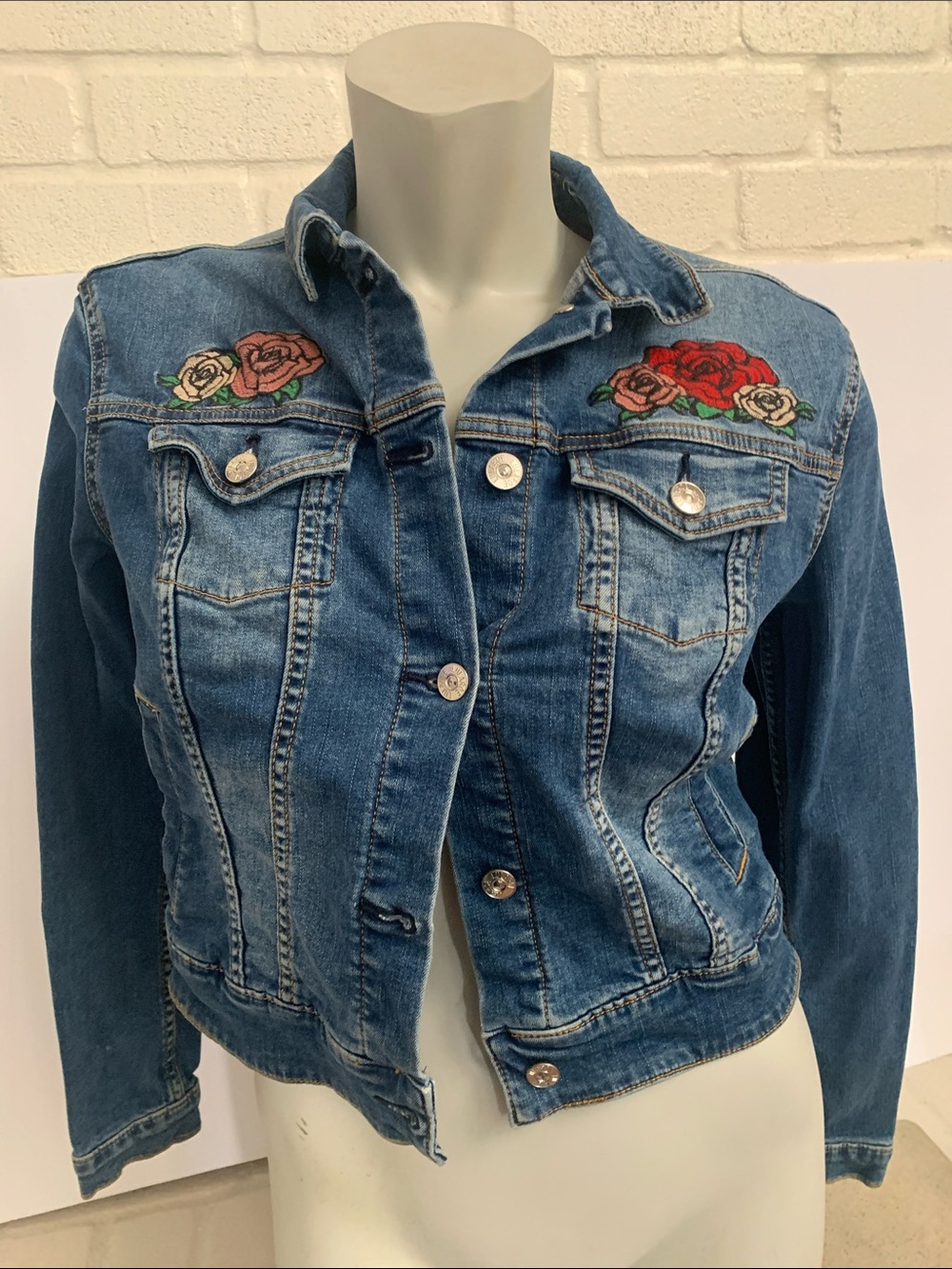 Embroidered Rose Blue Denim Jacket - Women's Jean Jacket